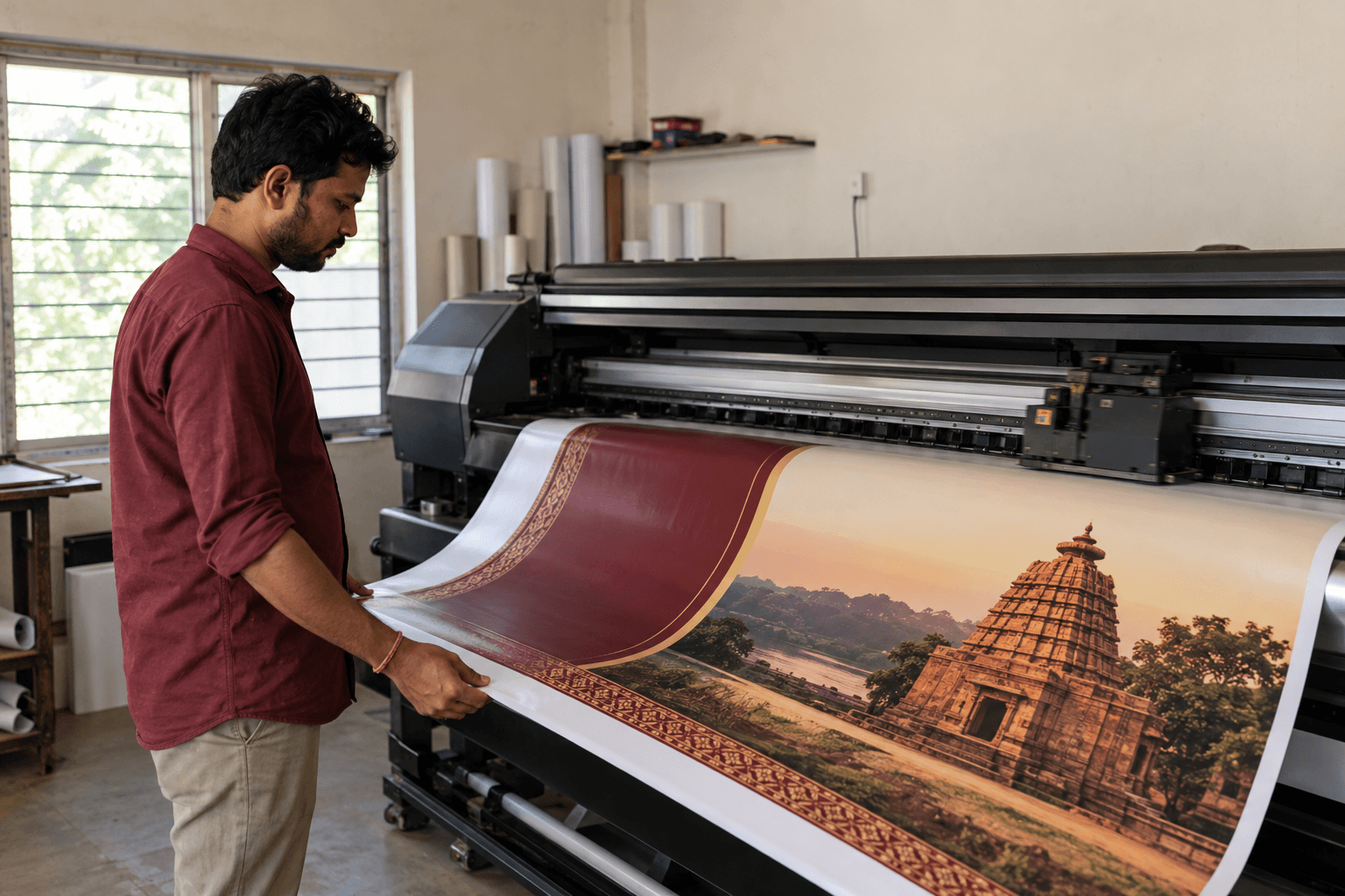 A print operator guiding a freshly printed flex banner from a wide-format printer